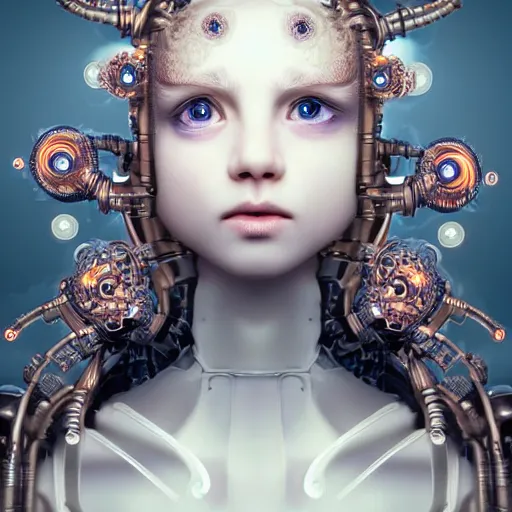 Prompt: stunning hyperdetailed upclose symmetrical portrait of 1 6 year old caucasian cyborg girl with translucent porcelain skin, lush thick hair, big electric eyes, ultra detailed ornate neon wire lacing, ultra detailed steampunk cyborg implants, complex white nano mechanical flowers, micro detail, by satoshi kon, sharp focus, trending on artstation hq, deviantart, pinterest, 8 k
