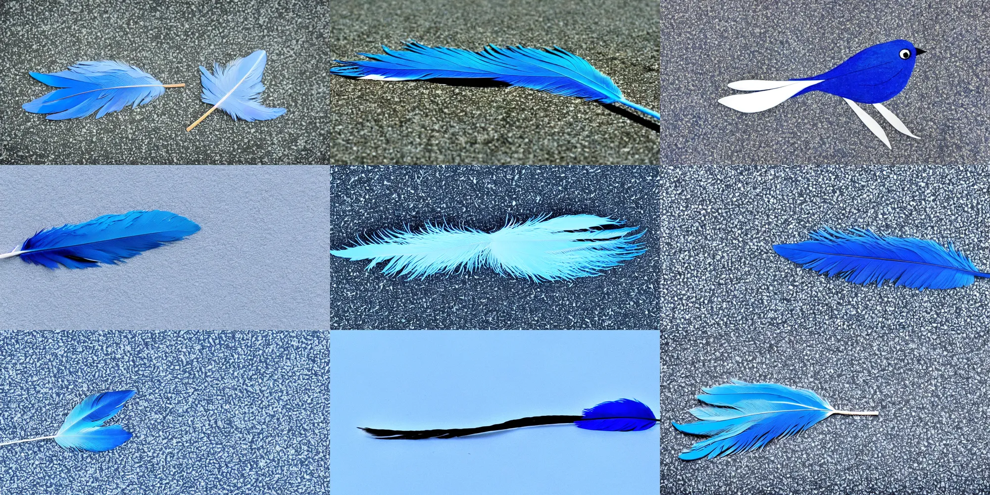 Prompt: Blue bird feather sits alone on the ground of a white void, anime style, studio ghibli