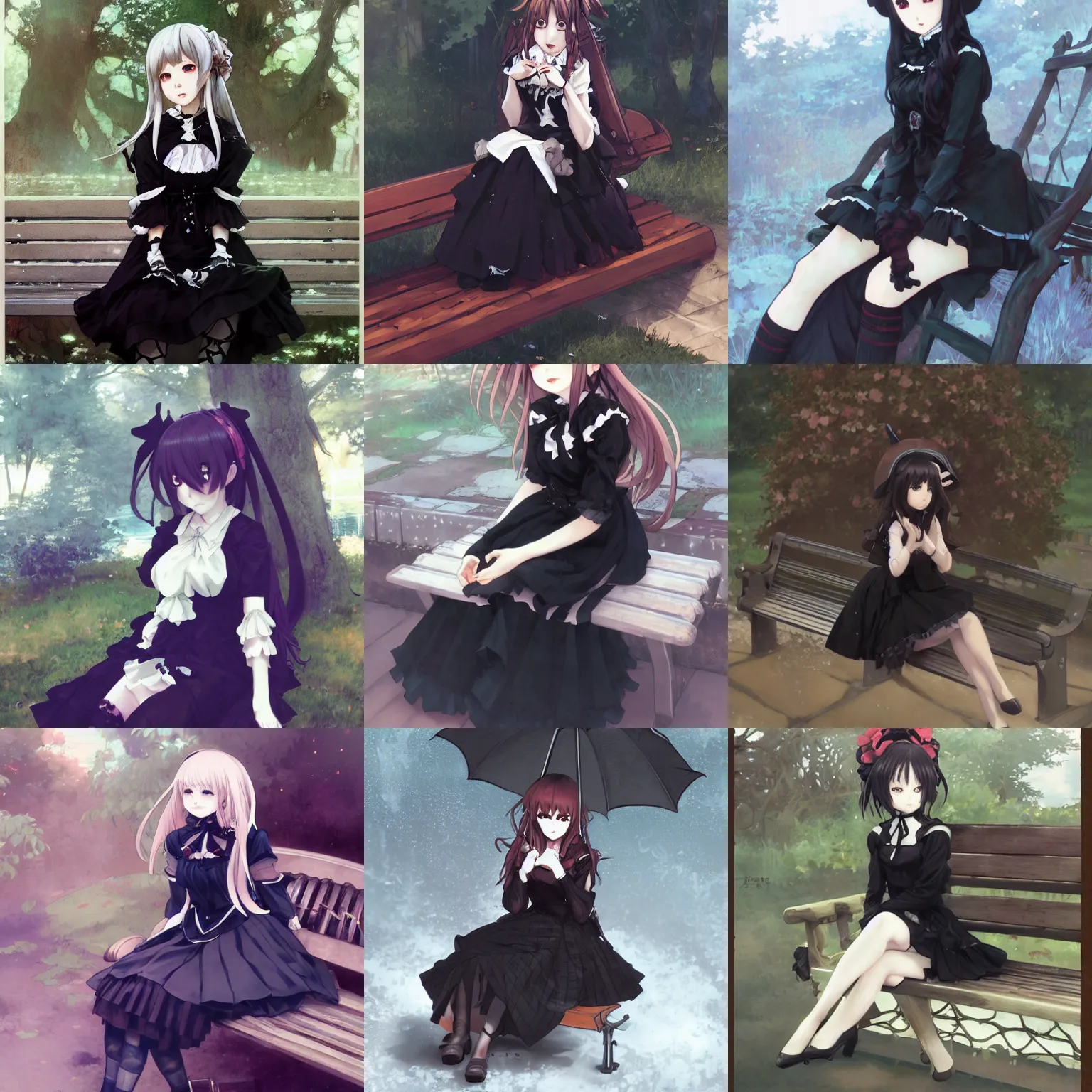 Prompt: anime girl in a black gothic lolita dress, sitting on a bench, by krenz cushart and mucha and akihito yoshida and greg rutkowski, artstation, digital art