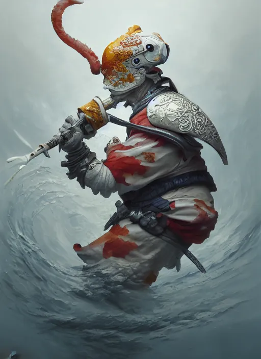 Image similar to subsurface scattering, white, koi, samurai with beautiful helmet, by jesper ejsing, justin gerard, tomasz alen kopera, cgsociety and fenghua zhong, highly detailed, rim light, cinematic lighting, illustration, art, octane render, very coherent, cinematic, hyper realism, high detail, octane render, 8 k