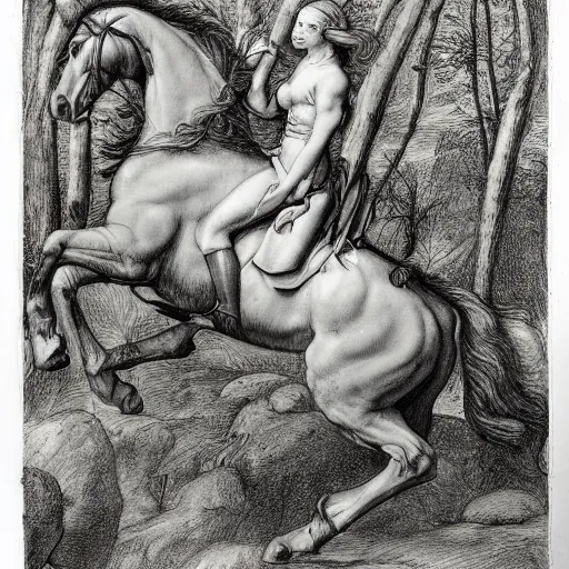 Image similar to “8k pencil drawing of Diana huntress in beautiful forest, Horses in run, intricate in style of Michelangelo and Rubens and Albrecht Durer, hand made paper” - H 768