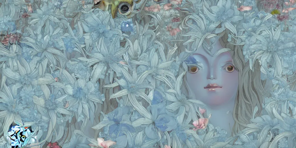 Prompt: breathtaking detailed concept art painting art deco pattern of faces goddesses amalgamation light - blue flowers with anxious piercing eyes and blend of flowers and birds, by hsiao - ron cheng and john james audubon, bizarre compositions, exquisite detail, extremely moody lighting, 8 k