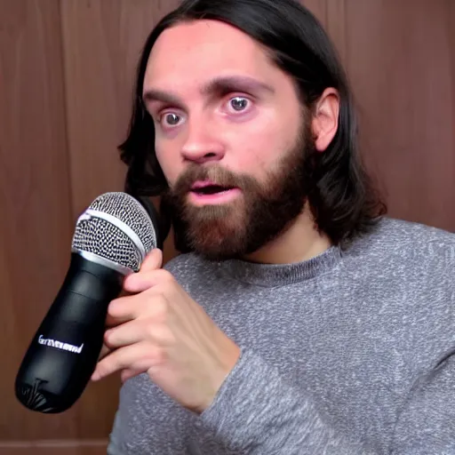 Image similar to jesus the youtuber holds a microphone