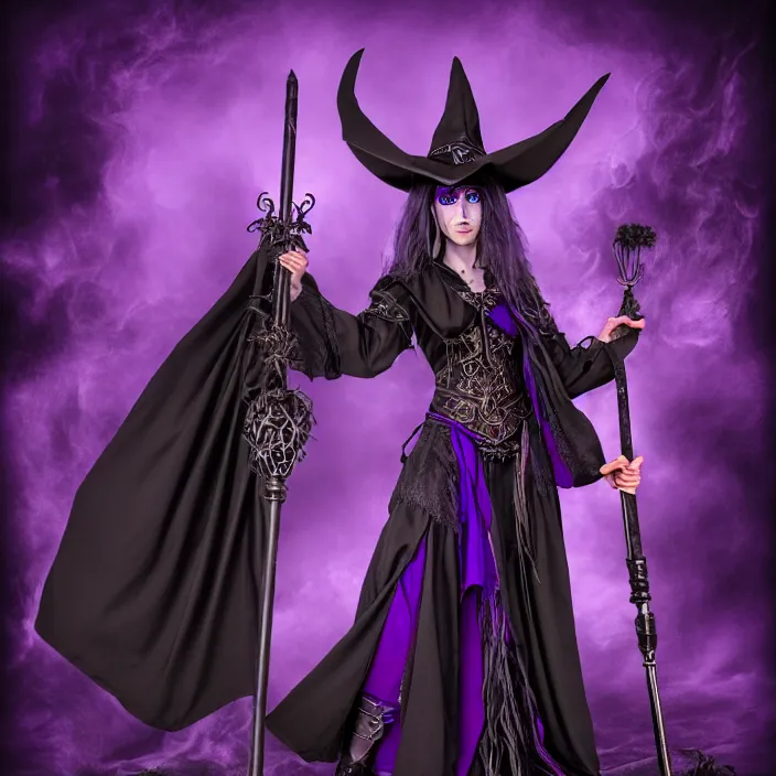 Prompt: photograph of a real-life beautiful elemental darkness witch with ornate purple and black robes and staff. Extremely detailed. 8k