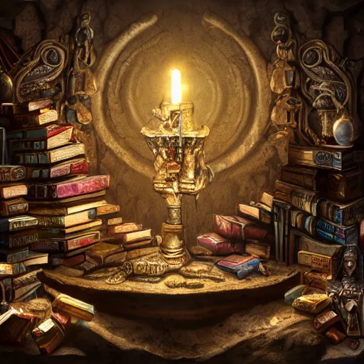 Image similar to epic view of an ancient dark byzantine cave interior, ornate oil lamp on a pile of crystals, books covered in jewels, ornate, surrounded by strange statues and treasure, full of sand and dust, hyper real, Indiana Jones, Tomb Raider, trending on artstation, concept art, cinematic, jewels