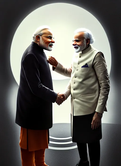 Image similar to portrait, Narendra Modi shaking hands with Albert Einstein , dramatic lighting, cinematic, establishing shot, extremely high detail, foto realistic, cinematic lighting, post processed, concept art, artstation, style by eddie mendoza, raphael lacoste, alex ross