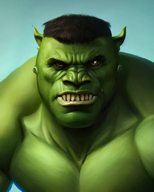 Image similar to « a portrait of a muscular green orc, a character portrait by paul kelpe, reddit contest winner, sots art, ilya kuvshinov, 2 d game art, parallax »