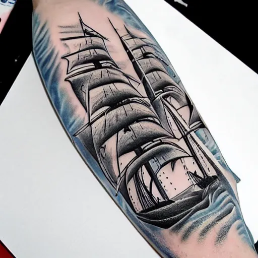 Image similar to a pirate ship sailing in the sea, realism tattoo design with amazing shades, clean white paper background, in the style of david vega