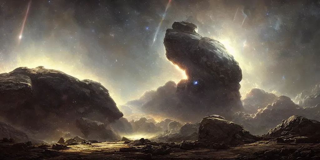 Image similar to an orb of energy and wisdom floats through a godly asteroid field, an epic nebula fills the sky, Ivan Shishkin and Greg Rutkowski