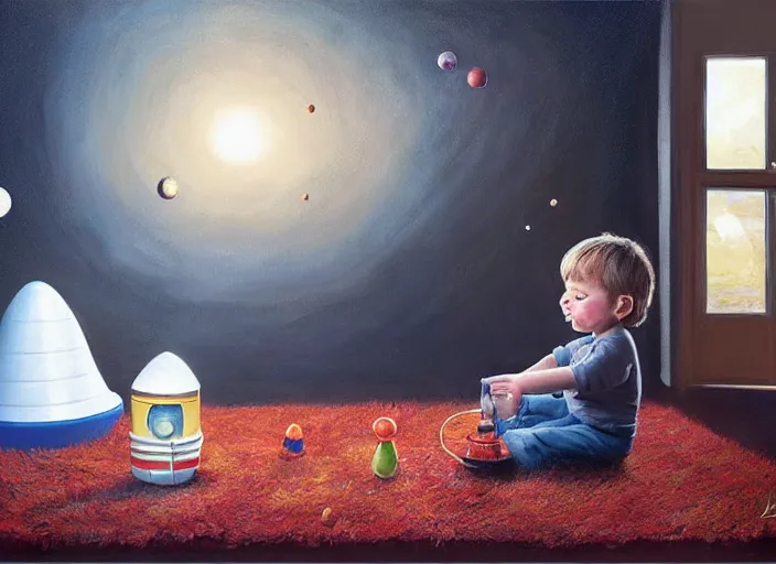 Image similar to toddler elon musk sitting on a shaggy rug playing with his little space rockets, realistic painting, beautiful soft lighting, istvan sandorfi