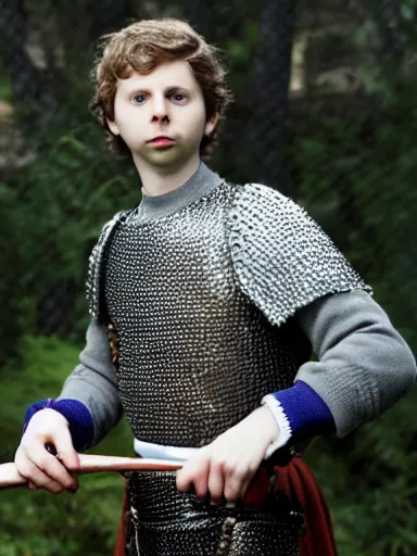 Prompt: a portrait photo of Michael Cera as a wimpy squire, chainmail