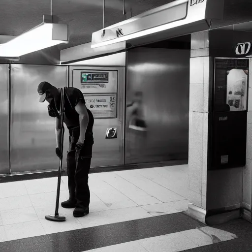 Image similar to A photo of a janitor sweeping a subway station, award-winning photography