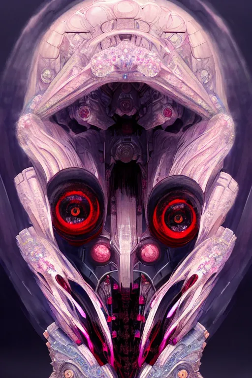 Image similar to asura from chinese myth, ghost, gorgeous and huge head ornaments, dystopian, cyberpunk, organic fractal mycelum and fungi, mecha, halfturn portrait of a big crystal face made of crystals half - turn, ominous, intricate, studio, art by anthony macbain + greg rutkowski + alphonse mucha, concept art, 4 k, sharp focus