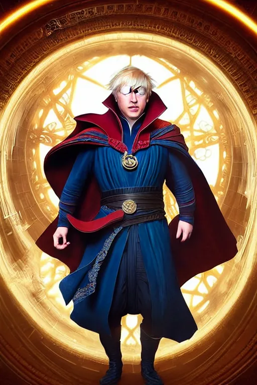 Image similar to Boris Johnson as Doctor Strange, portrait, Sanctum Sanctorum, highly detailed, digital painting, artstation, concept art, smooth, sharp focus, illustration, cinematic lighting, art by artgerm and greg rutkowski and alphonse mucha