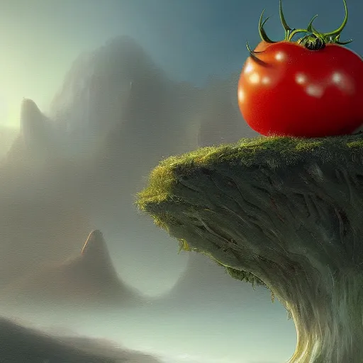 Prompt: a beautiful matte painting of a very sad tomato in a fantasy landscape, by steve argyle and mark arian