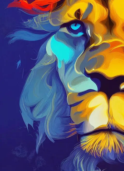 Prompt: a painting of a lion's face with blue and yellow smoke coming out of, a digital painting by petros afshar, behance contest winner, digital art, behance hd, digital illustration, digital painting