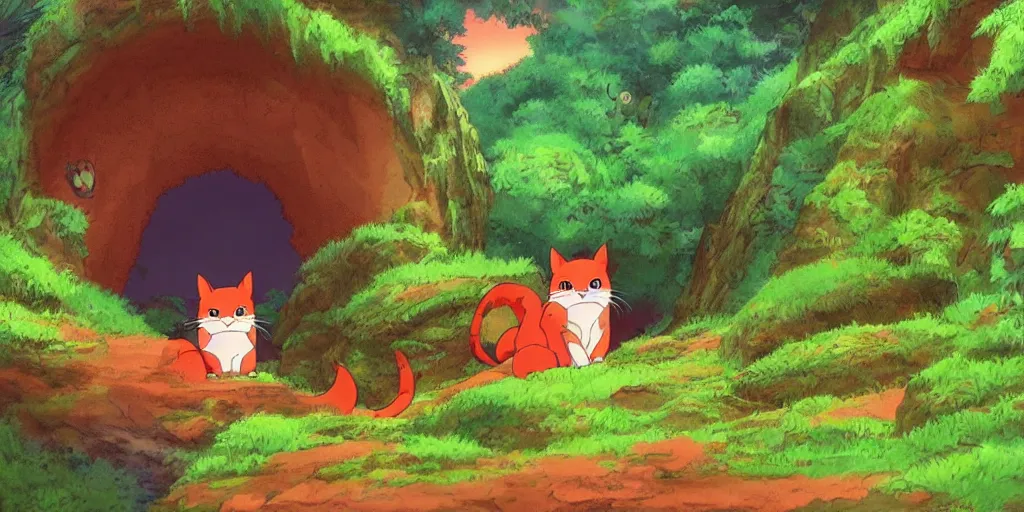 Prompt: red cat shaped like totoro looking into large cave entrance in a lush forest, beautiful ambiance, sunset, studio ghibli style, by hayao miyazaki, sharp focus, highly detailed, 4k