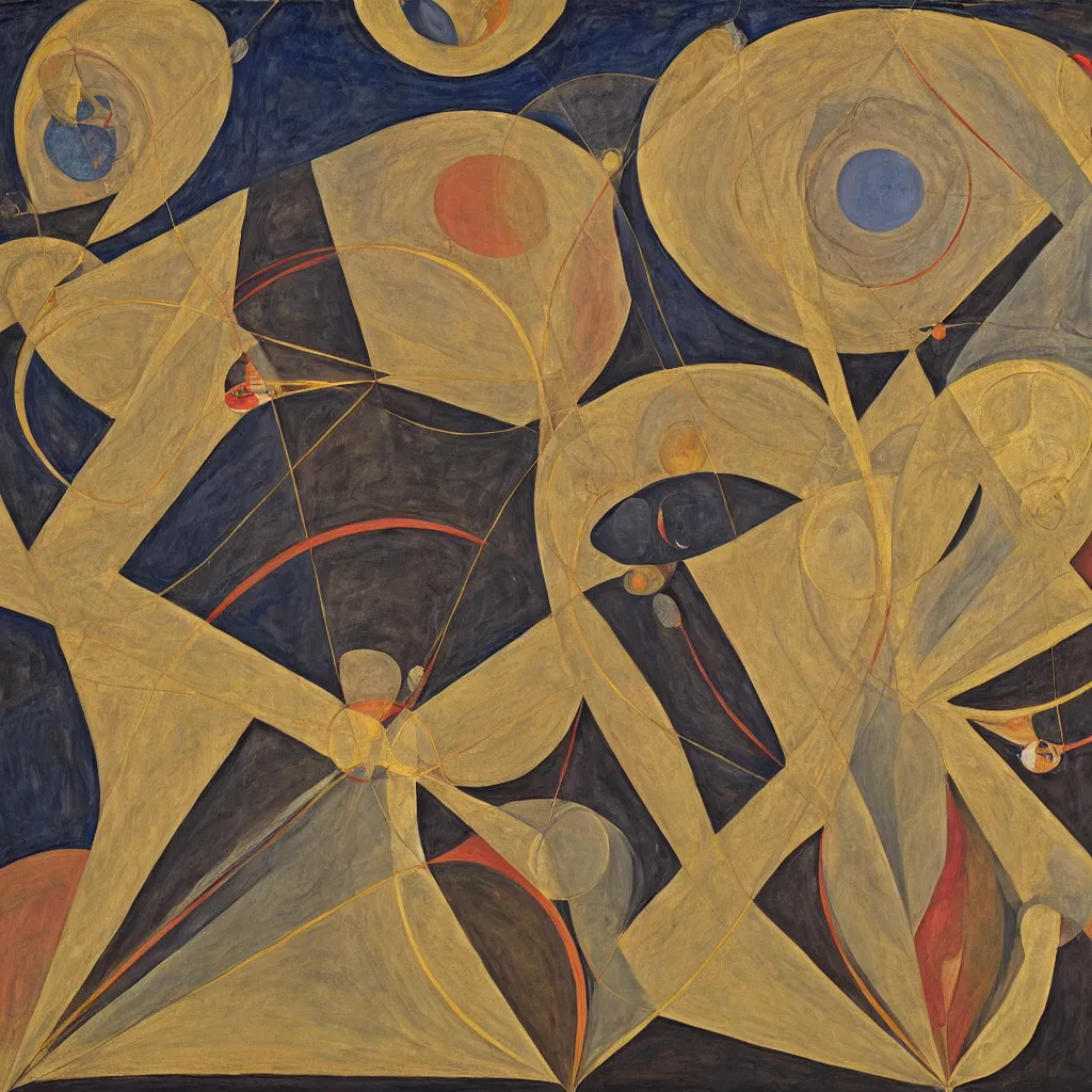 Image similar to triads of ascent by hilma af klint, oil and gold leaf on canvas, high resolution, masterpiece