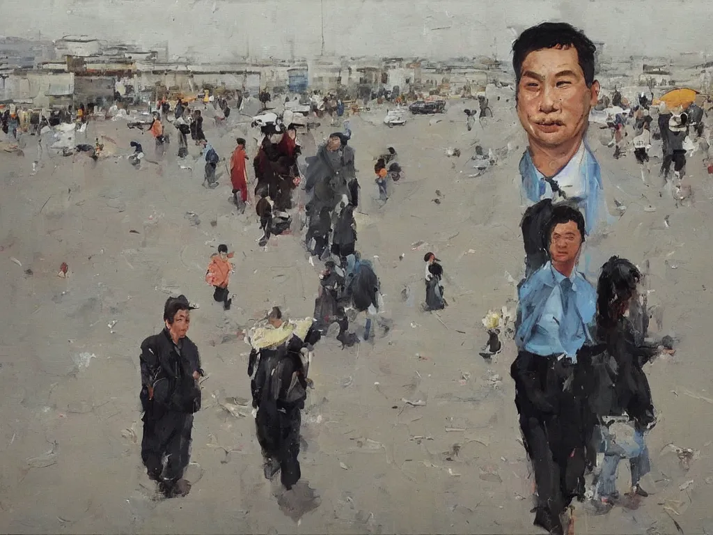 Prompt: ‘The Center of the World’ (Liu Xiaodong realist oil painting, large thick messy colorful brushstrokes, office worker in a colorful field) was filmed in Beijing in April 2013 depicting a white collar office worker. A man in his early thirties – the first single-child-generation in China. Representing a new image of an idealized urban successful booming China.