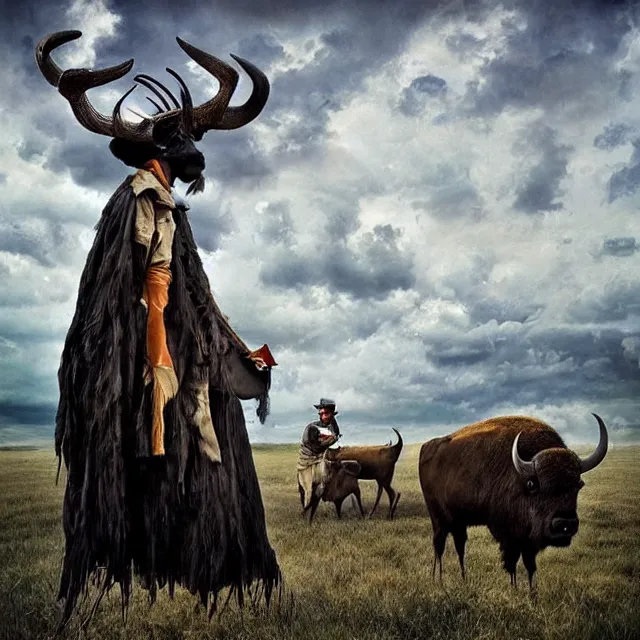 Image similar to incredible modern fable evocative artwork of buffalo hunters, buffalo midnight in the style of tim walker fashion photography, buffalos hunting hunters, fables of the reconstruction