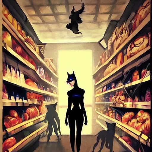 Prompt: catwoman silhouetted against the freezer case at the night grocery, surreal, in the style of artgerm, rossdraws, basquiat, oil painting, artstation, epic composition, award winning, rule of thirds, masterpiece! - n 4