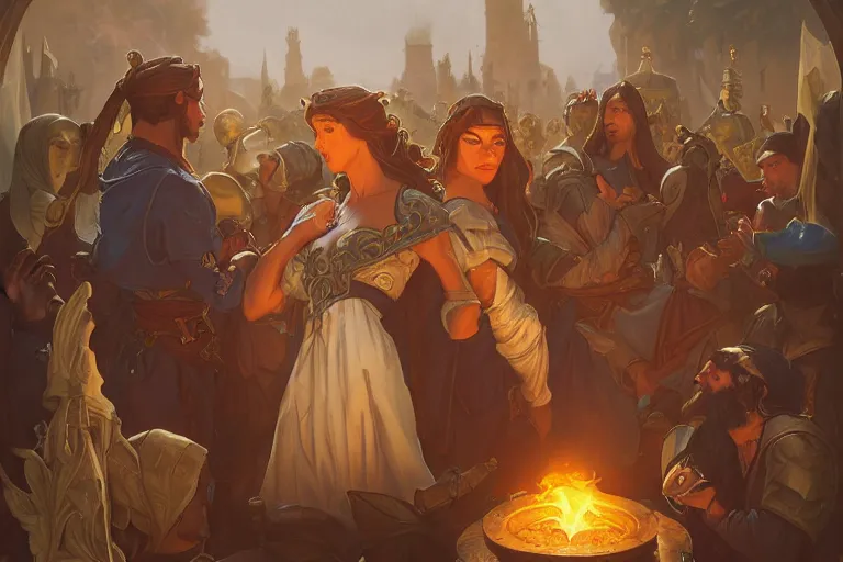 Image similar to a hyperrealistic render of a medieval troupe, outdoor, art by Artgerm and aruurara and Greg Rutkowski and Alphonse Mucha, hearthstone art style, epic fantasty card game art, Beautiful dynamic dramatic moody lighting, shadows, cinematic, Octane, 8K