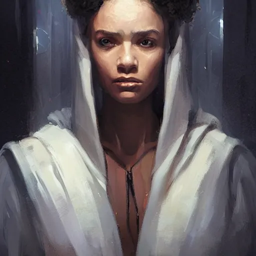 Image similar to portrait of a woman by greg rutkowski, young jedi knight, black, afro hair, pretty, star wars expanded universe, she is about 2 0 years old, wearing jedi robes, highly detailed portrait, digital painting, artstation, concept art, smooth, sharp foccus ilustration, artstation hq