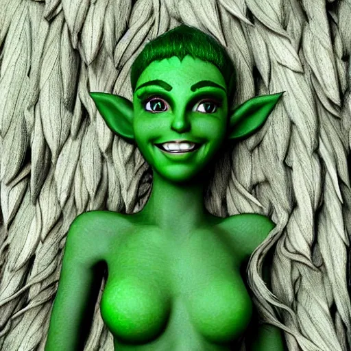 Prompt: female elf with green skin with hair made from leaves from weeping willow tree, elf smiling, fantasy, cgi, detailed eyes, in style of lord of the rings