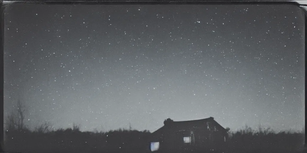 Prompt: polaroid photo of an abandoned house on a wasteland, deep purple starry sky, slight color bleed, grain