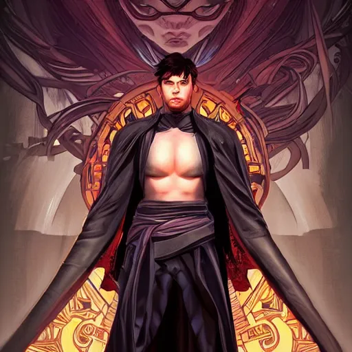 Prompt: character concept, wide angle, full body, symmetrical, young man with dark ninja clothes. detailed, high quality, dynamic lightning, fantasy, scenematic. artwork by artgerm, wlop, alex ross, greg rutknowski, alphonse mucha