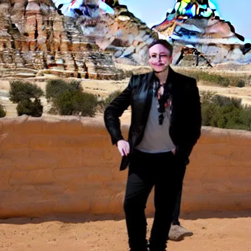 Image similar to elon musk dressed like an old egyptian, next to the pyramids, award winning photography