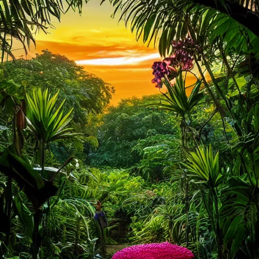 Prompt: an enchanted forest full of beautiful tropical flowers, with a sunset, by alex horley, bokeh photography, amaranth colour