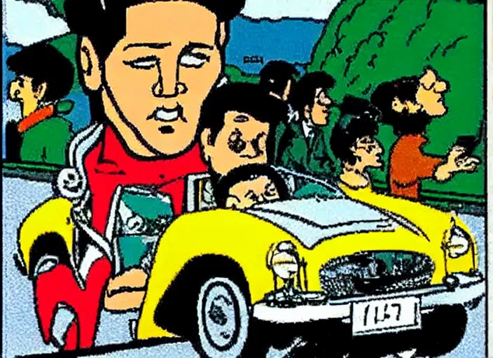 Image similar to Elvis presley driving a car , highly detailed, by Hergé, By Franquin, By Uderzo, By Willy vandersteen, by sergio aragones, by Hein de kort