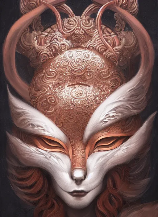 Image similar to a beautiful detailed oil on copper art illustration of a japanese kitsune mask woman, centered, by charlie bowater, zeng fanzh, trending on artstation, dim dusk lighting, cinematic lighting, detailed lighting, volumetric lighting, realistic, f 8, 4 k hd wallpaper