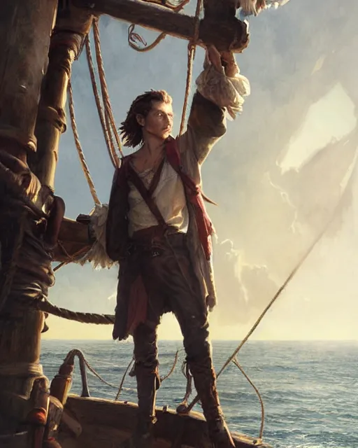 Prompt: tom holland as a pirate, standing on the mast, fine face, fine detailed face, long hair, realistic shaded lighting poster by greg rutkowski, cinematic lighting, sharp focus, highly detailed attributes and atmosphere