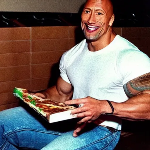 Image similar to dwayne johnson eating at a pizza hut in the 1 9 9 0 s. he is holding up a book - it paper.