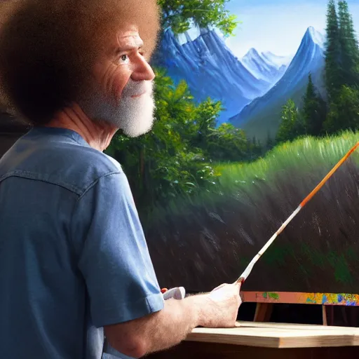 Image similar to a closeup photorealistic photograph of bob ross working on a canvas painting of spiderman. film still. brightly lit scene. mountains and trees. this 4 k hd image is trending on artstation, featured on behance, well - rendered, extra crisp, features intricate detail, epic composition and the style of unreal engine.