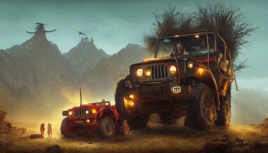 Prompt: Mahindra thar, tribe members watching nearby, an epic fantasy, dramatic lighting, cinematic, establishing shot, extremely high detail, photorealistic, cinematic lighting, artstation, by simon stalenhag, shadow of the tomb rider