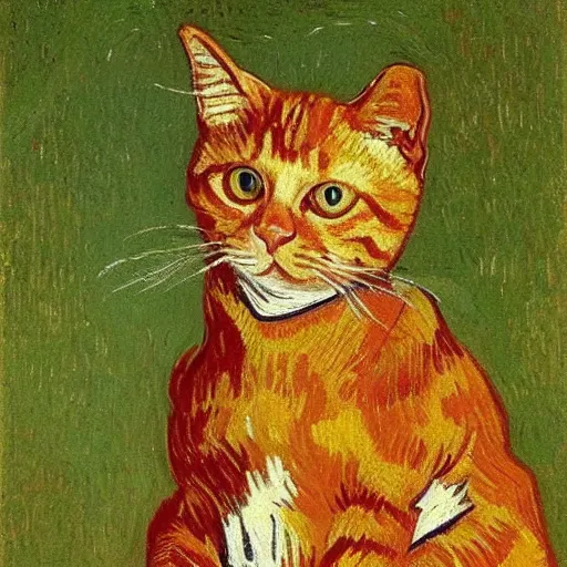 Image similar to Van Gogh portrait of a ginger tabby cat wearing a beautiful outfit