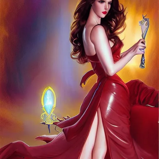 Image similar to anna kendrick dressed as jessica rabbit holding a glowing wand in one hand and a large leather bound book, fantasy, intricate, elegant, highly detailed, digital painting, artstation, concept art, matte, sharp focus, illustration, in the style of magic the gathering, art by artgerm and greg rutkowski and alphonse mucha