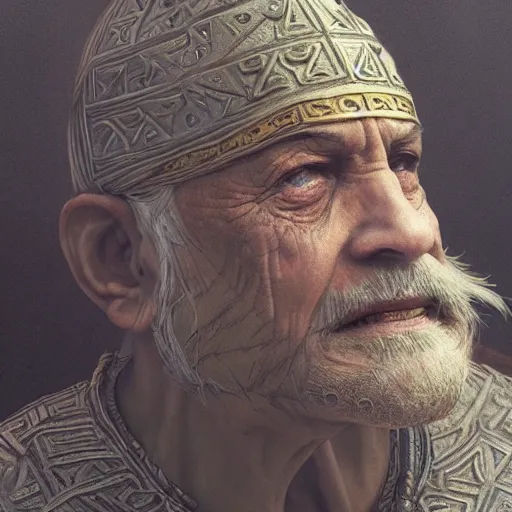 Image similar to close up of an old man wearing ancient canaanite clothing, deep focus, d & d, fantasy, intricate, elegant, highly detailed, digital painting, artstation, concept art, matte, sharp focus, illustration, hearthstone, art by artgerm and greg rutkowski and alphonse mucha