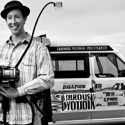 Image similar to young Jon Gries in a hawaiian shirt holding a video camera in front of a van, realistic