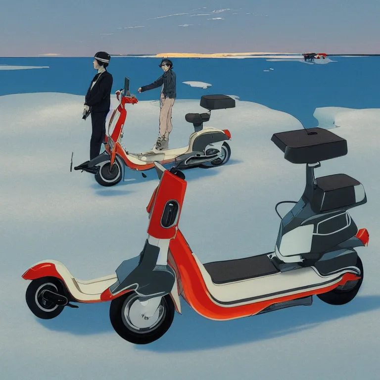 Image similar to electric scooters with magnets that fly over ice, by kawase hasui, moebius and edward hopper, colorful flat surreal design, hd, 8 k, artstation