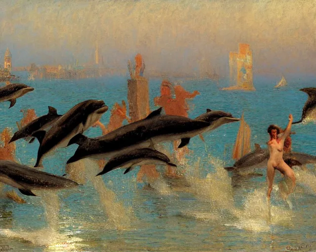 Prompt: dolphins swimming and jumping in venice, painting by gaston bussiere, craig mullins