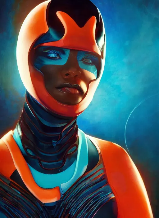 Image similar to symmetry! dynamic pose, closeup portrait of a cyborg racer girl, skintight leather striped racing jumpsuit, cinematic light, backlight, teal orange, by gerald brom, by mikhail vrubel, by peter elson, muted colors, extreme detail, trending on artstation, 8 k