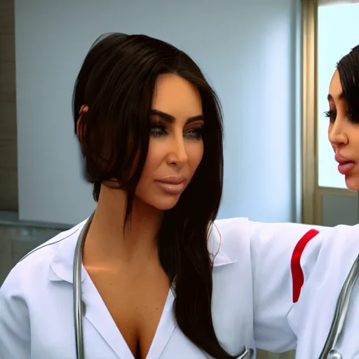 Image similar to riley reid hugging kim kardashian, kim wearing a nurse outfit, real photo, hospital interior, intricate, soft lighting, cinematic composition, hyper realistic, 8k resolution, unreal engine 5