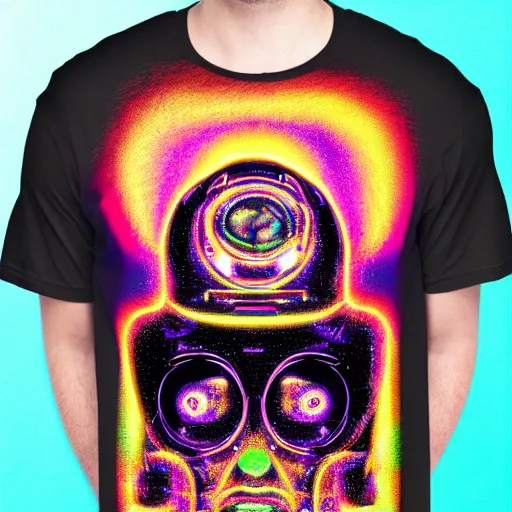 Image similar to photo of a black tshirt with a hyperdetailed portrait of a futuristic trippy atompunk meditating robot, 8 k, symetrical, flourescent colors, halluzinogenic, multicolored tshirt art,