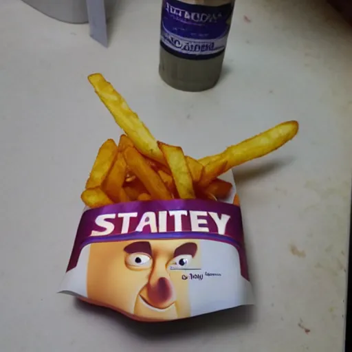 Image similar to photo of [ a single salted french fry chip ] shaped like that looks like stephen fry as a pixar character hybrid intercross mix cinematic lighting