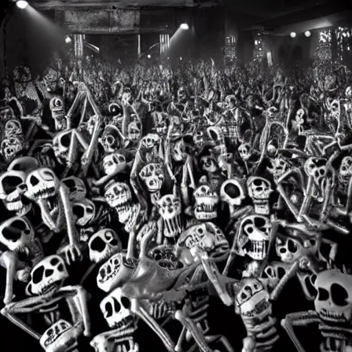 Prompt: photo, a giant crowd of silvery shiny reflective black latex claymation skeletons dancing inside an underground ussr night club