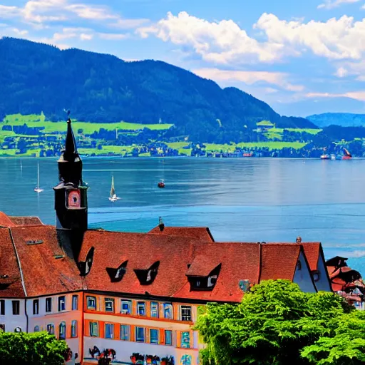 Prompt: lindau, lake of constance, germany, summer time, mountain view